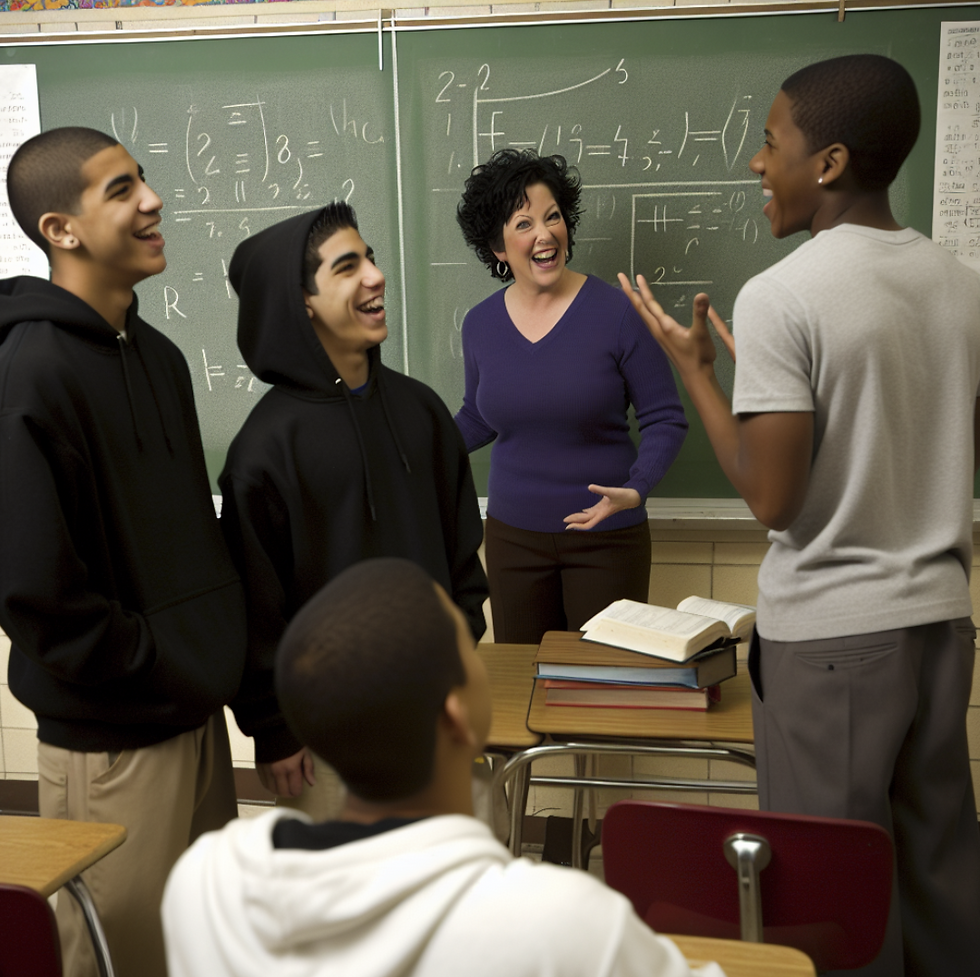 Math teacher and 4 male high school students all working cooperatively.