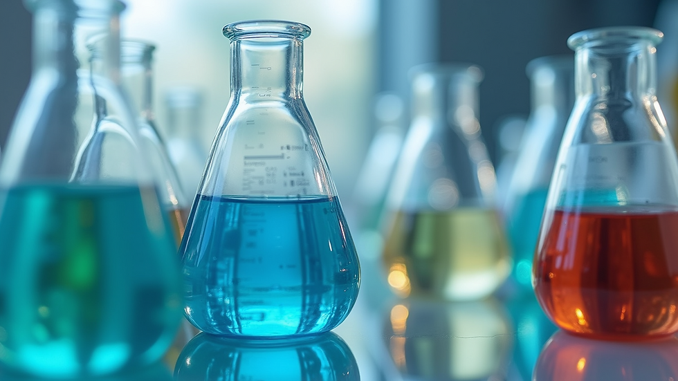 Close-up view of laboratory glassware with liquid samples