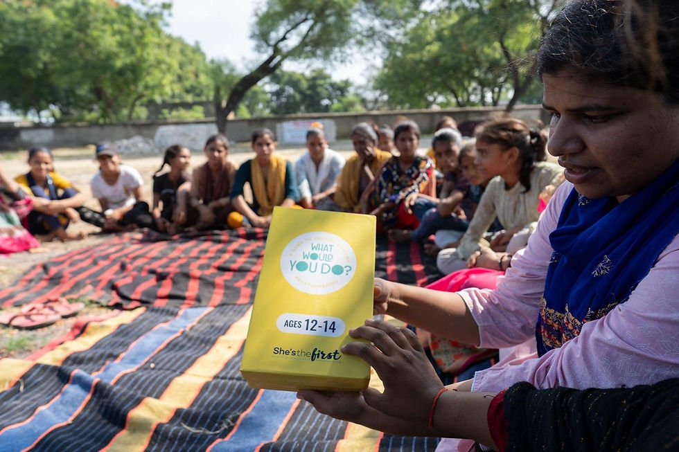 Mentor Mona Yadav leads a lively session of What Would You Do? with the “Sahasi Girls” in Khushipura village, Uttar Pradesh. Using relatable real-life scenarios, the game sparks honest conversations around relationships, confidence, boundaries, and decision-making among girls aged 9 to 18. (Photo by @RuhaniKaur)
