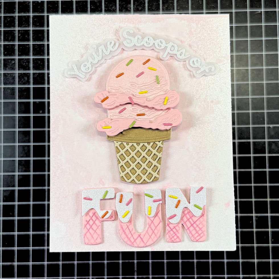 Pink ice cream cone with sprinkles against a white and pink background. Text reads "You're Scoops of FUN" on a grid surface.