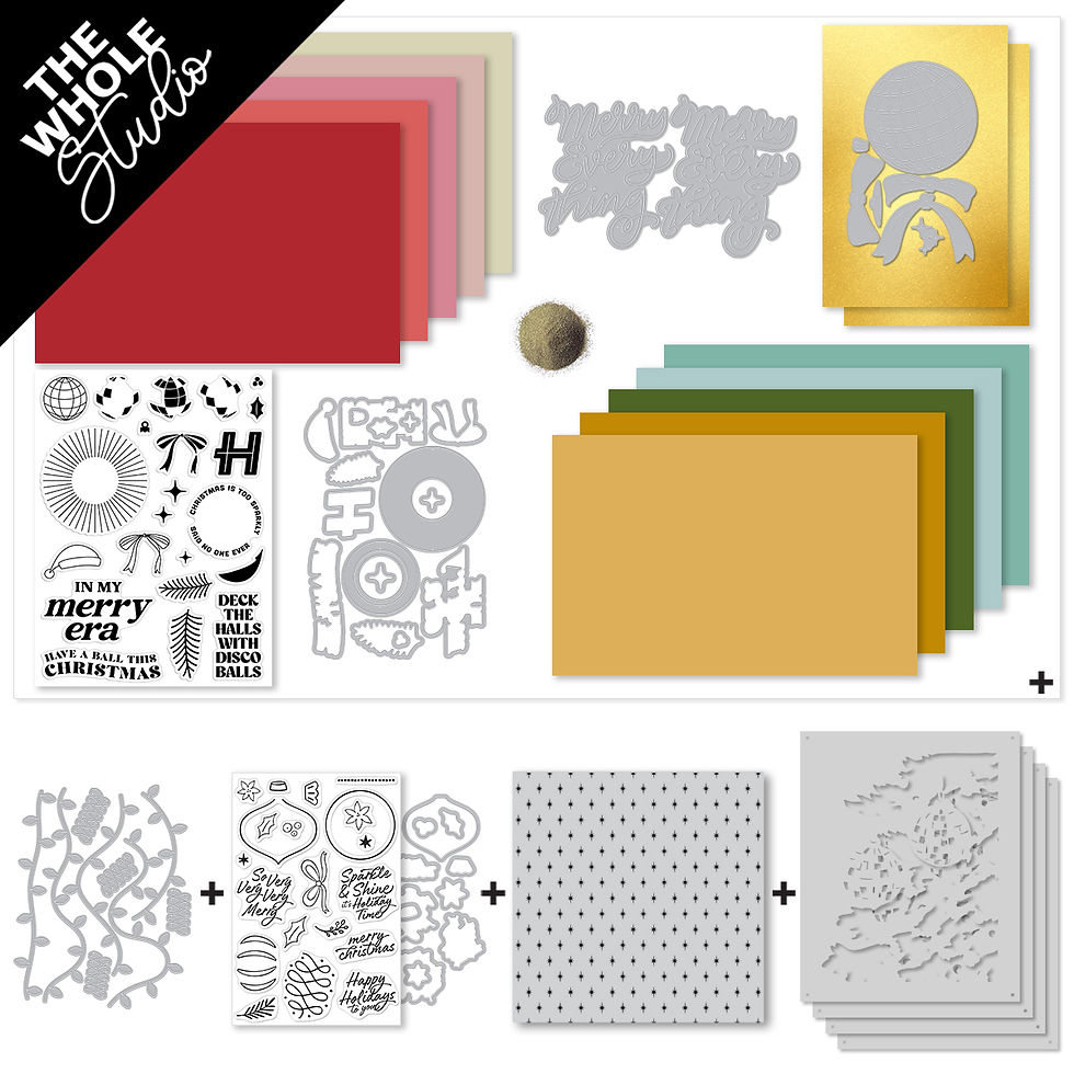 Craft supplies with colorful papers, stamps, and metal dies. Text includes "Deck the Halls with Disco Balls." Emphasizes creativity.