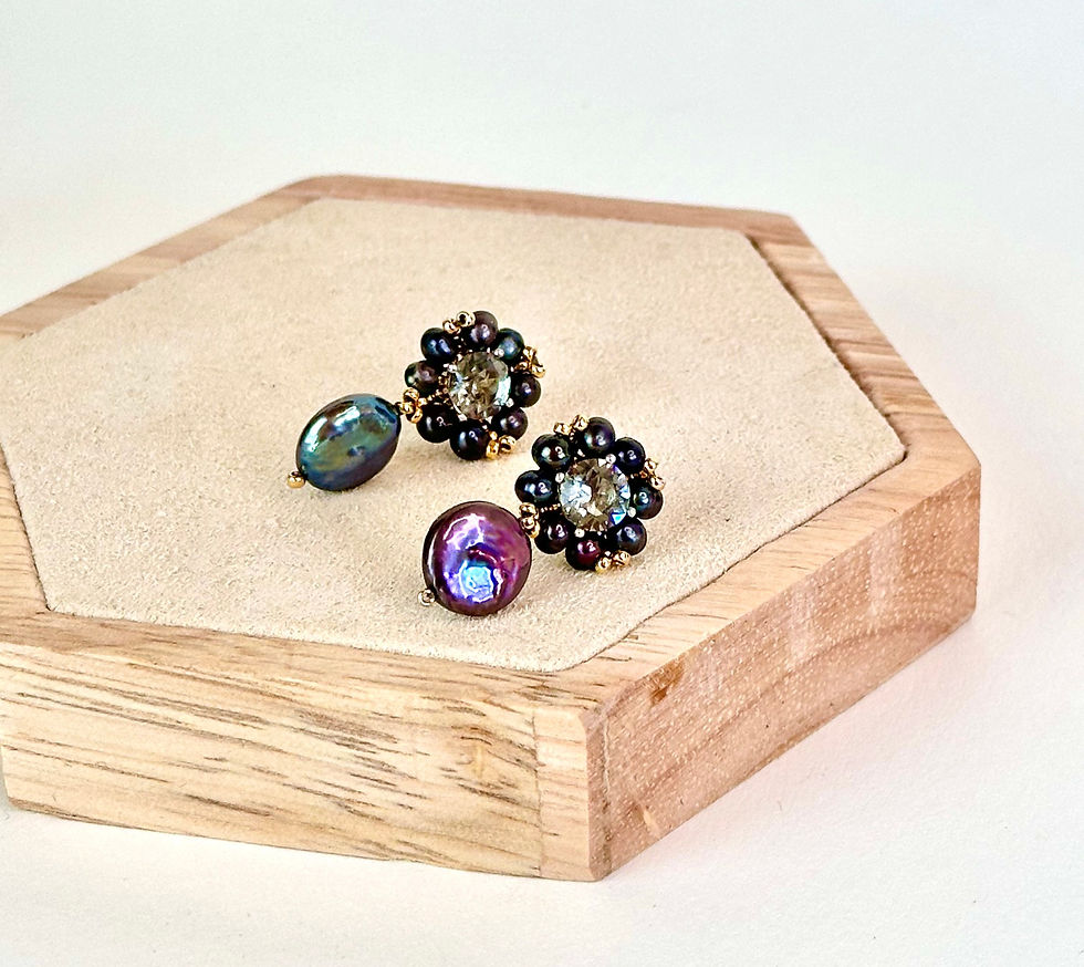 Thumbnail: Flowers Black Classic Earrings with Black Coin Drop