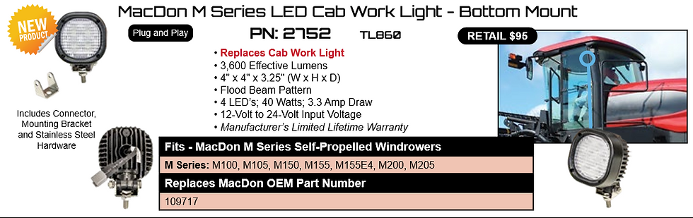 Thumbnail: MacDon, Case & John Deere Cab Work Light Bottom Mount