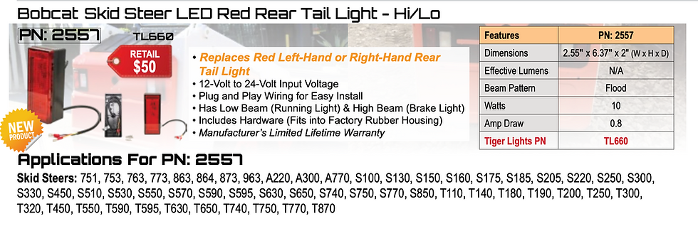 Thumbnail: Bobcat Skid Steer LED Red Rear Tail Light - Hi/Lo