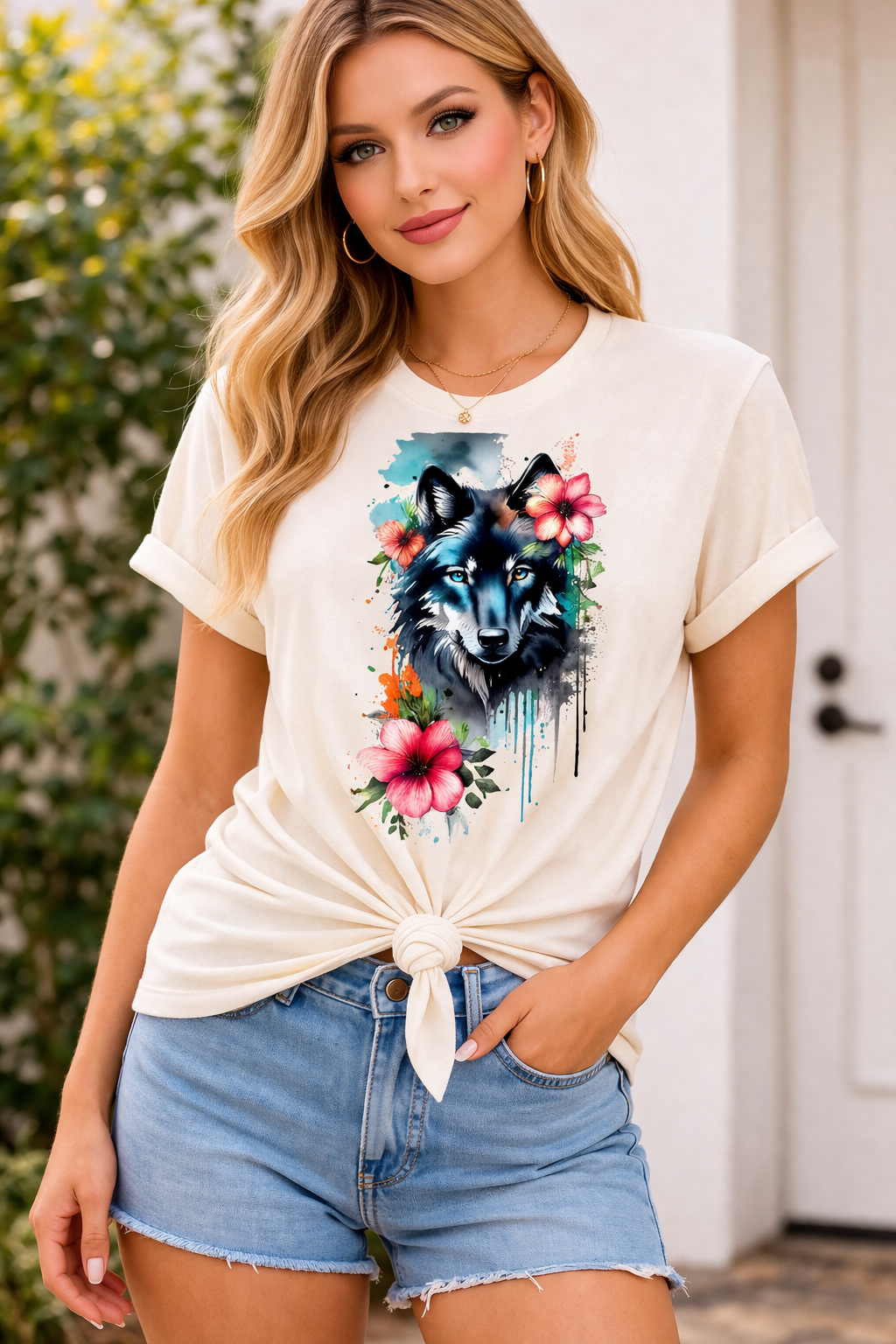 Ženska majica Flower Wolf – 100% bombaž | Eleganten motiv volka