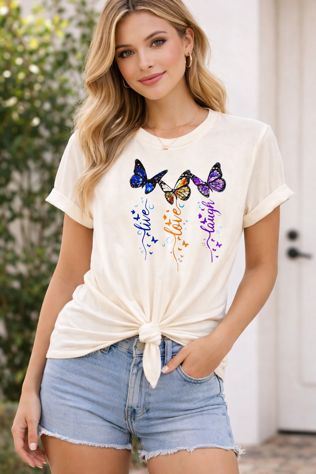 Ženska majica Live Love Laugh – 100% bombaž | Metulji in motivacija