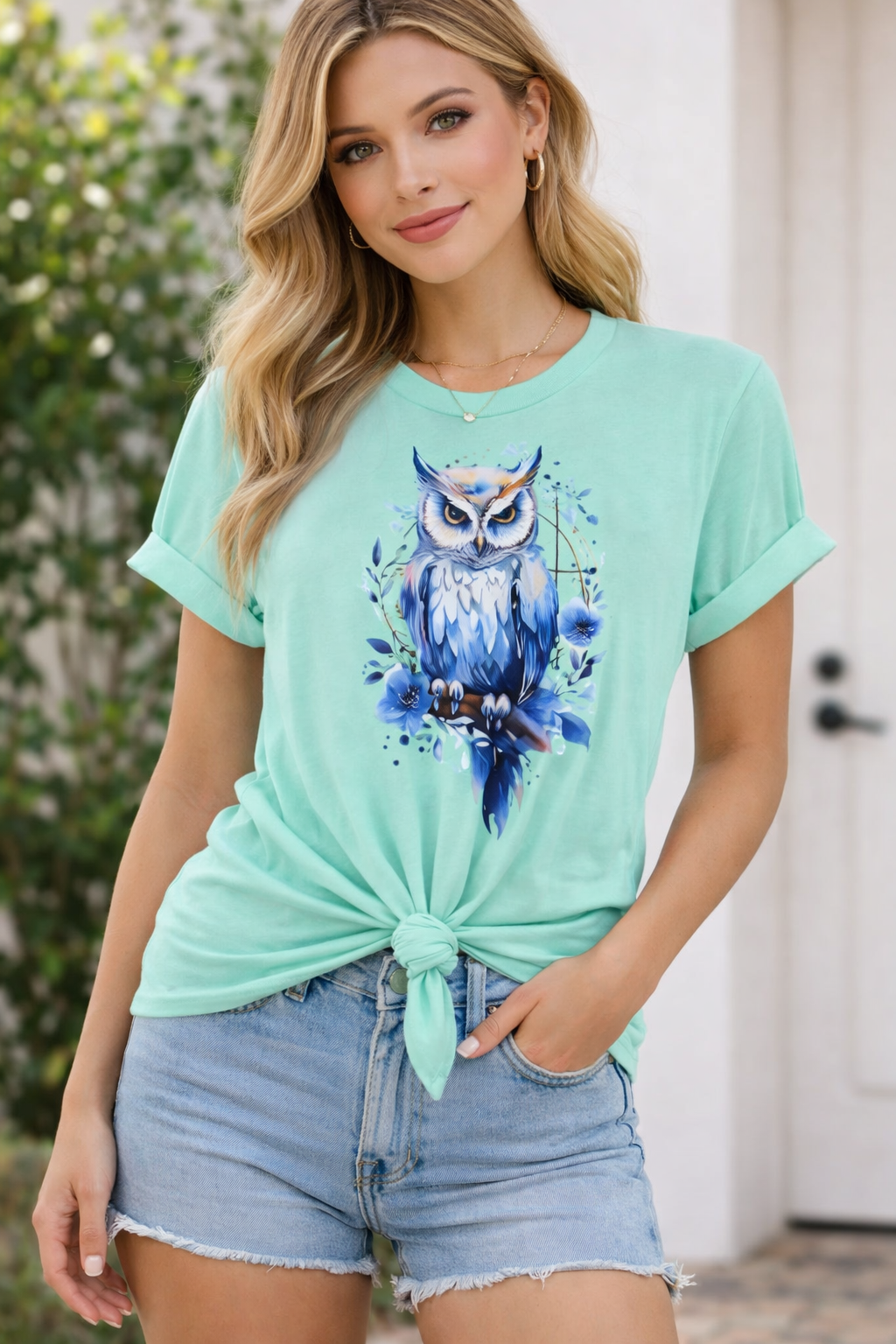 Ženska majica Blue Owl – 100% bombaž | Eleganten motiv sove