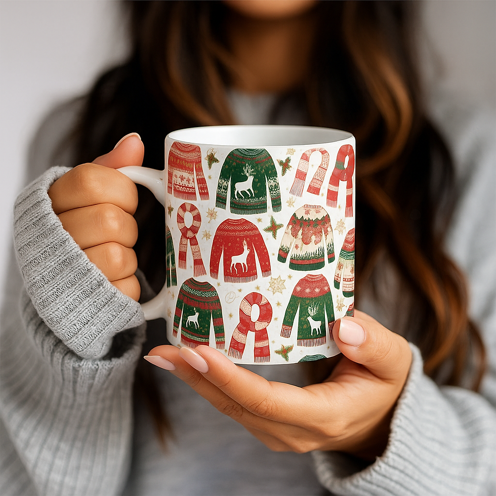 Božična skodelica z motivom prazničnih puloverjev