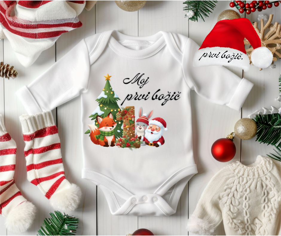 Otroški bodi “Moj prvi božič – Božiček, zajček in lisička”