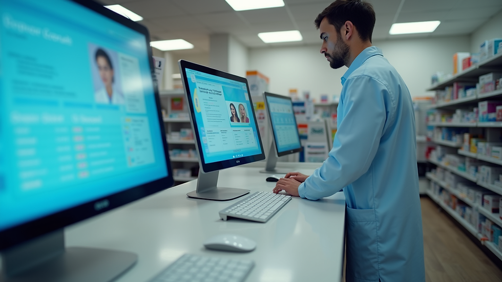 Eye-level view of a community pharmacy counter with digital screens displaying patient information
