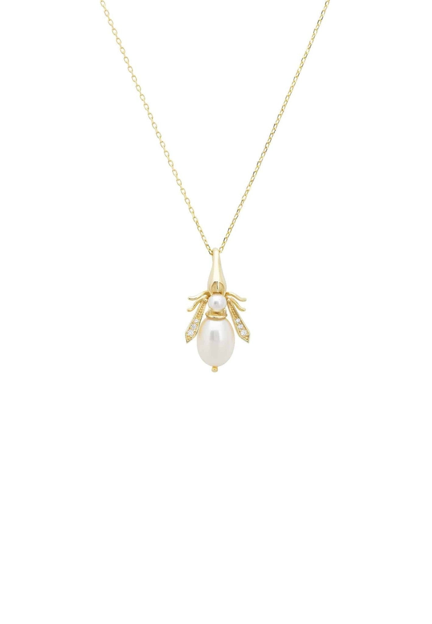 Pearl Gemstone Bee Pendant Necklace Gold