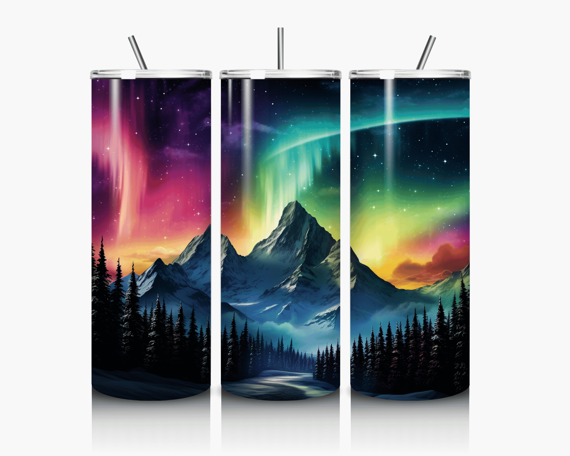 Midnight Teal Aurora and Sharp Mountain Peaks | 20 oz Skinny Tumbler
