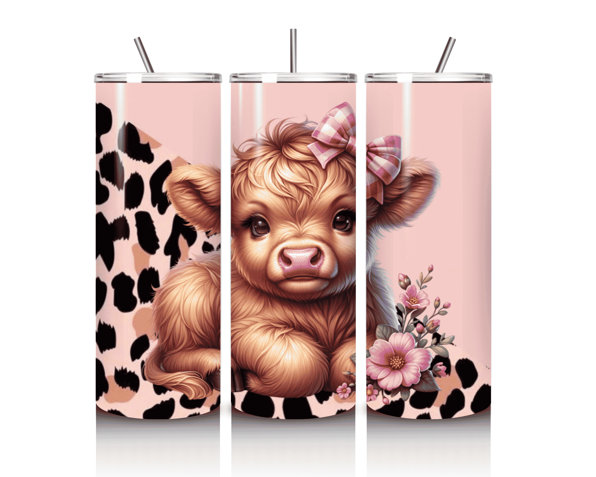 Pink Leopard & Bow Highland Cow | 20 oz Skinny Tumbler
