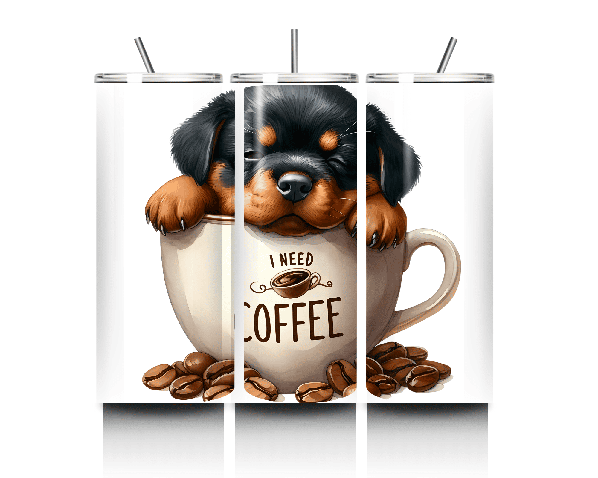 Cute Sleepy Rottweiler Puppy "I Need Coffee" | 20 oz Skinny Tumbler
