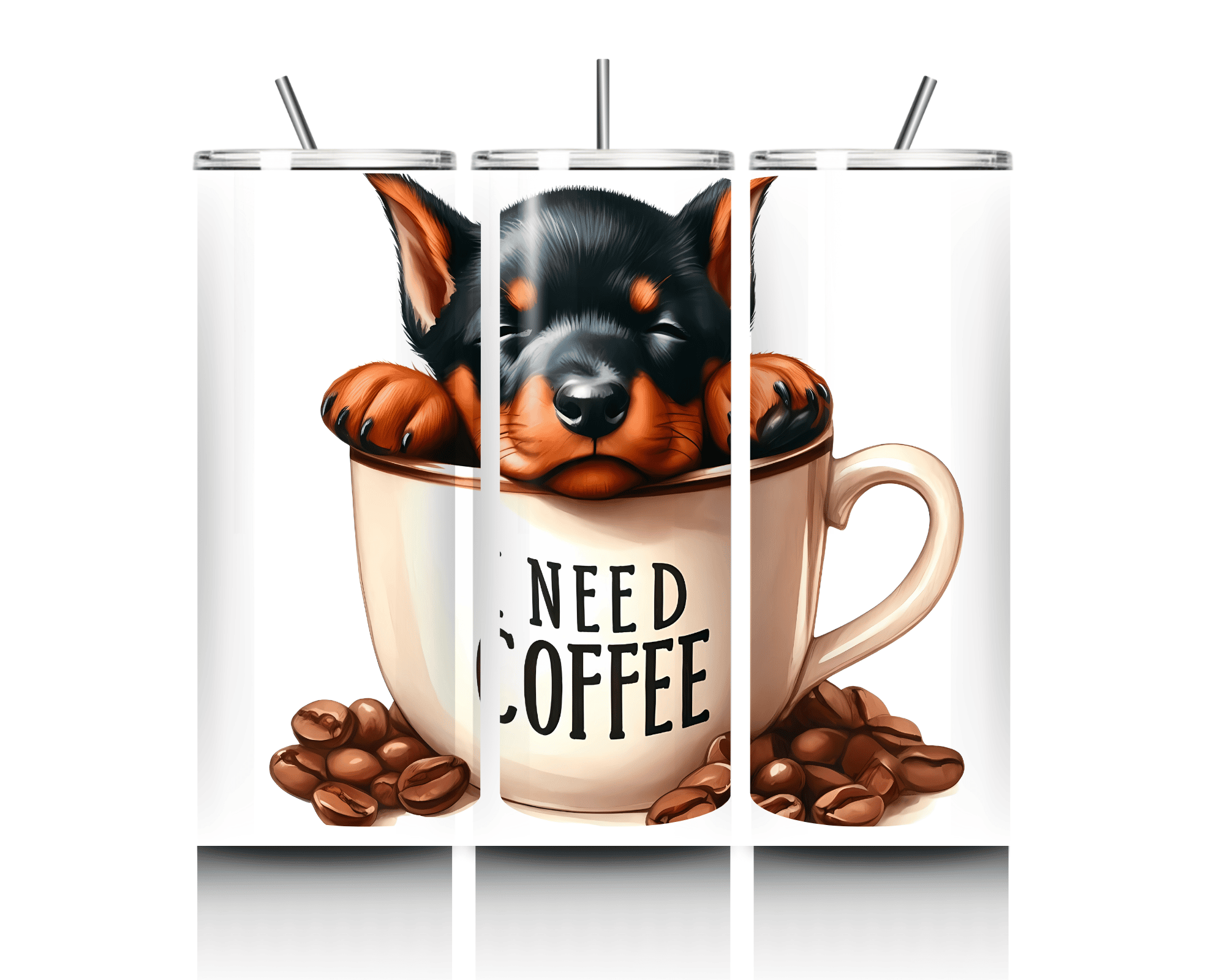Adorable Sleepy Doberman Pinscher Puppy "I Need Coffee" | 20 oz Skinny Tumbler