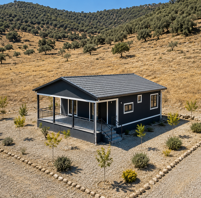 Doğayla iç içe konumlanan 70 m² 2+1 çelik prefabrik evimiz, kompakt ve kullanışlı yaşam alanıyla öne çıkıyor. Geniş ön verandası, açık havada keyifli vakit geçirmek için ferah bir alan sunuyor. Koyu renk dış cephesi ve modern çatı tasarımı yapıya güçlü ve çağdaş bir görünüm kazandırıyor. İki yatak odası, salon ve mutfak düzeniyle hem sürekli yaşam hem de yazlık kullanım için ideal bir plan oluşturuyor. Özdere, Gümüldür, Seferihisar ve Urla gibi İzmir’in farklı bölgelerinde uygulanabilecek modern bir çelik prefabrik ev modeli.