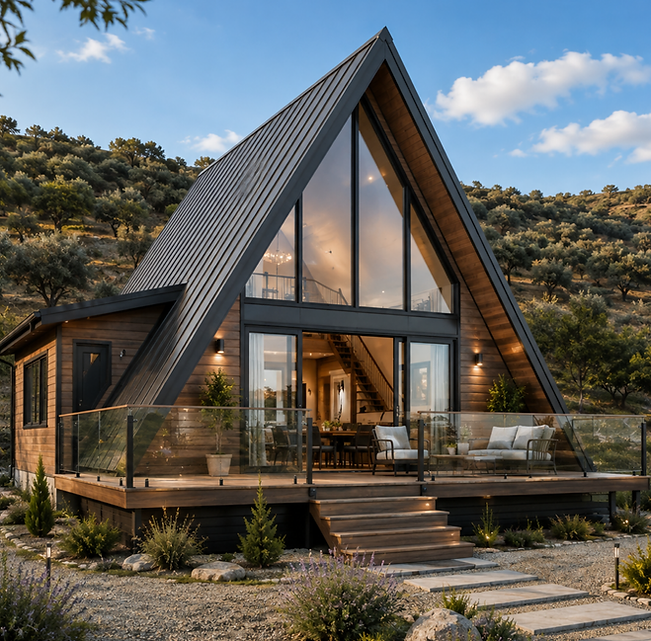 Çeşme’nin doğal atmosferine farklı bir mimari yorum kazandıran 95 m² 2+1 çelik A-Frame prefabrik evimiz, yüksek tavanlı yapısıyla dikkat çekiyor. Tam boy cam cephe, iç mekâna güçlü bir gün ışığı ve geniş manzara avantajı sağlıyor. Üst kat/asma kat düzeni sayesinde kompakt taban alanında daha fazla kullanım alanı oluşturuluyor. Geniş ahşap teras ve cam korkuluklar modern mimariyi tamamlıyor. Farklı, prestijli ve doğayla bütünleşen bir yaşam alanı arayanlar için özel bir ev modeli.