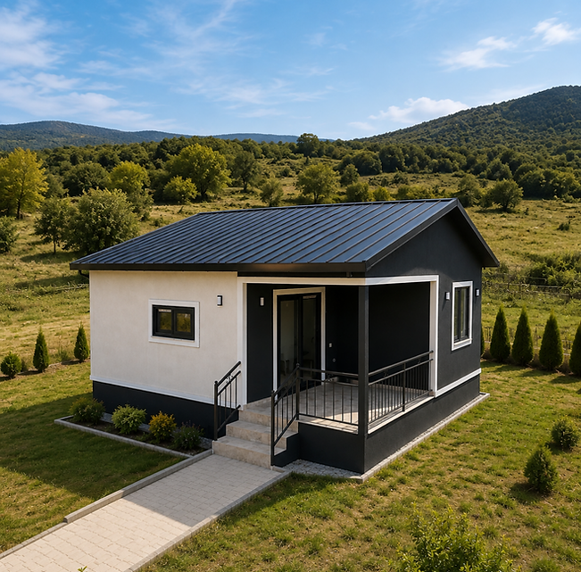 Karaburun’un sakin atmosferine uygun olarak kurgulanan 60 m² 2+1 çelik prefabrik evimiz, küçük alanda maksimum kullanım sağlamayı amaçlıyor. Minimal veranda ve korunaklı giriş bölümü eve kullanışlı bir açık alan kazandırıyor. İki yatak odası, salon ve mutfak düzeniyle çiftler ve küçük aileler için ideal bir yaşam planı sunuyor. Siyah-beyaz cephe kombinasyonu ve metal çatı, yapıya modern ve zamansız bir görünüm veriyor. Yazlık kullanımın yanı sıra yıl boyunca konforlu şekilde değerlendirilebilecek pratik bir çelik prefabrik ev modeli.