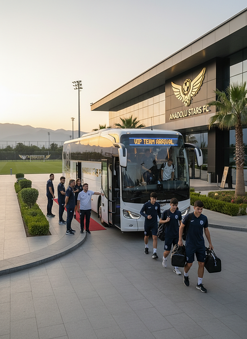 Firefly_Gemini Flash_Ultra-detailed exterior scene of a VIP team coach bus arriving at a t