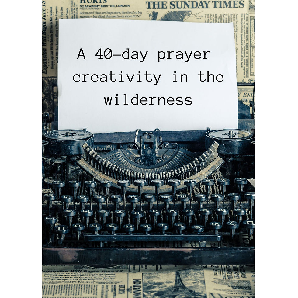 Vintage typewriter with paper reading "A 40-day prayer creativity in the wilderness" set against a backdrop of old newspaper clippings. Nostalgic mood.