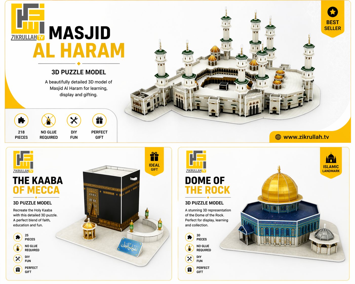 Islamic 3D Puzzle Bundle – Complete Set (Kaaba, Dome & Masjid Al Haram)