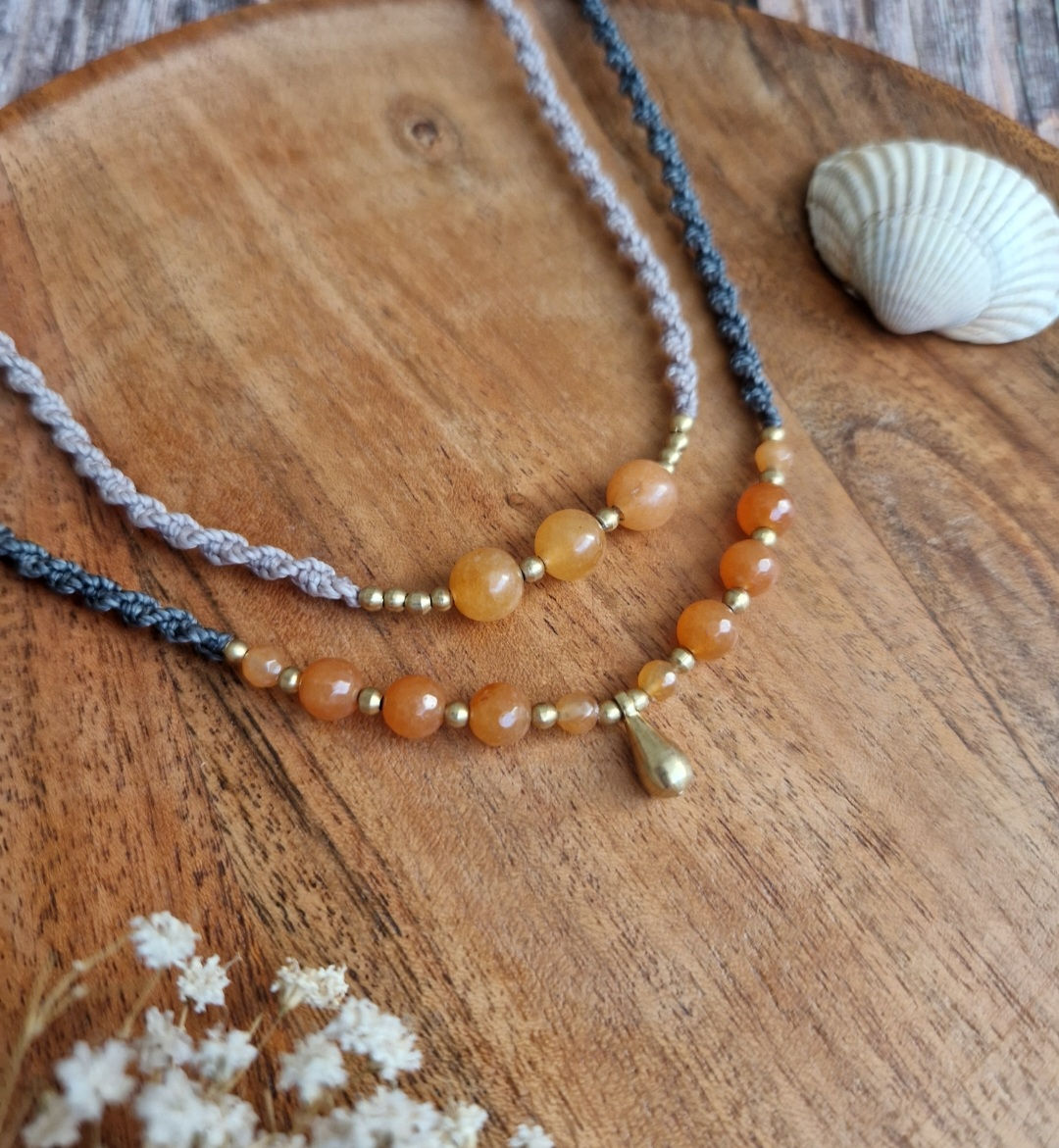 Orange Aventurine Beaded Brass Necklace
