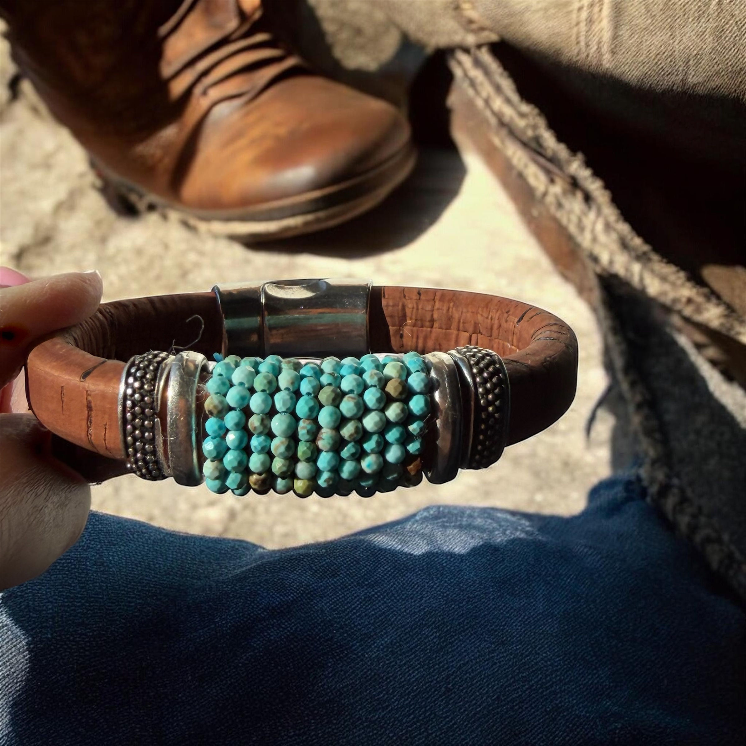 Cork Bracelet with genuine Royston Turquoise and silver accents and clasp
