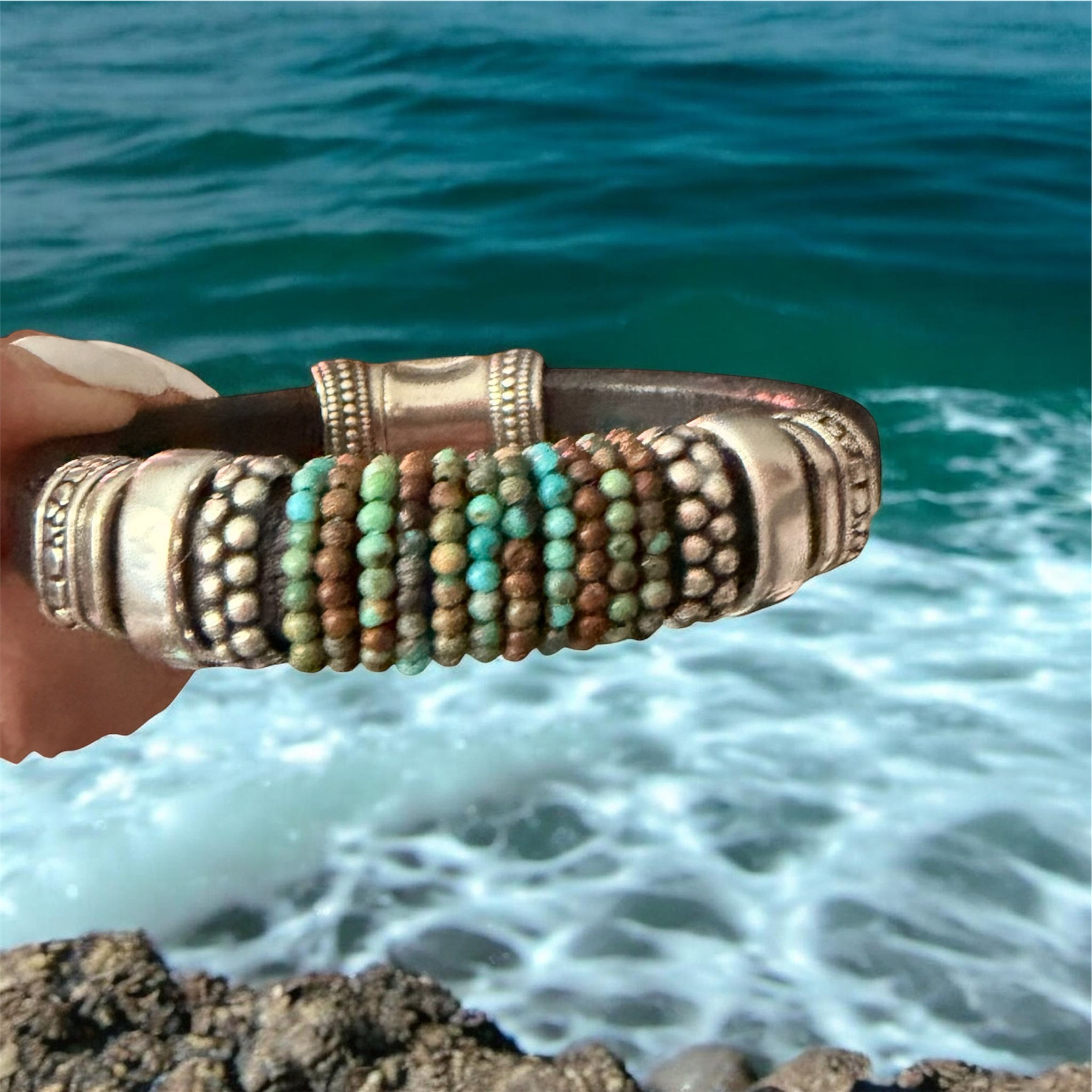 Black Leather Bracelet with Royston Turquoise and Silver Accents