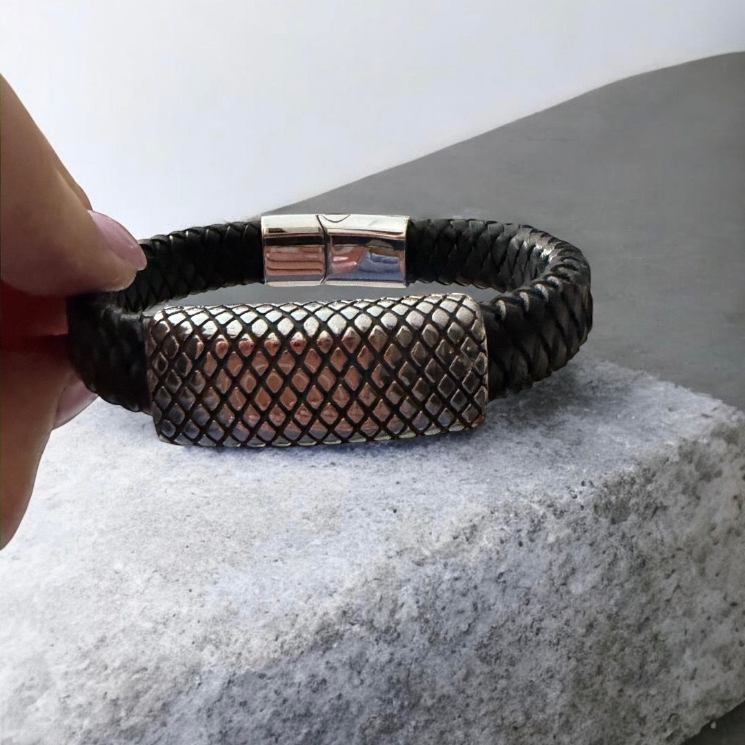 Black Woven Leather with Sold Embossed Steel Piece with Clasp