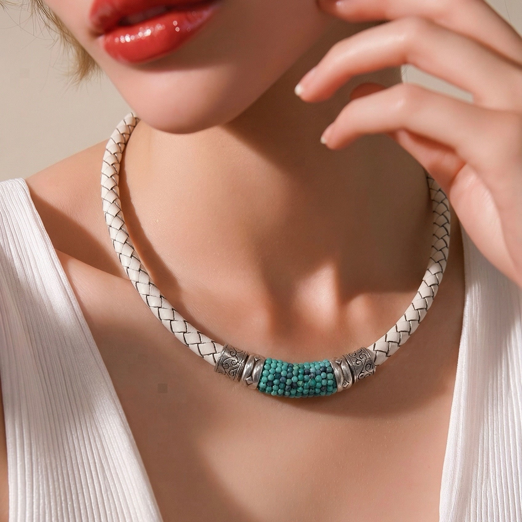 White Woven Leather Necklace with Royston Turquoise and Mixed Metals.