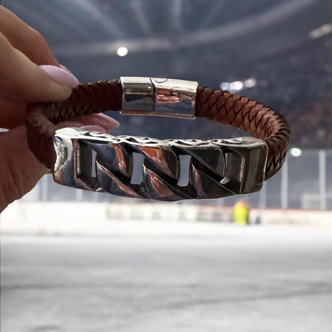 Cognac Brown Woven Leather with a Stainless Steel Track and Clasp