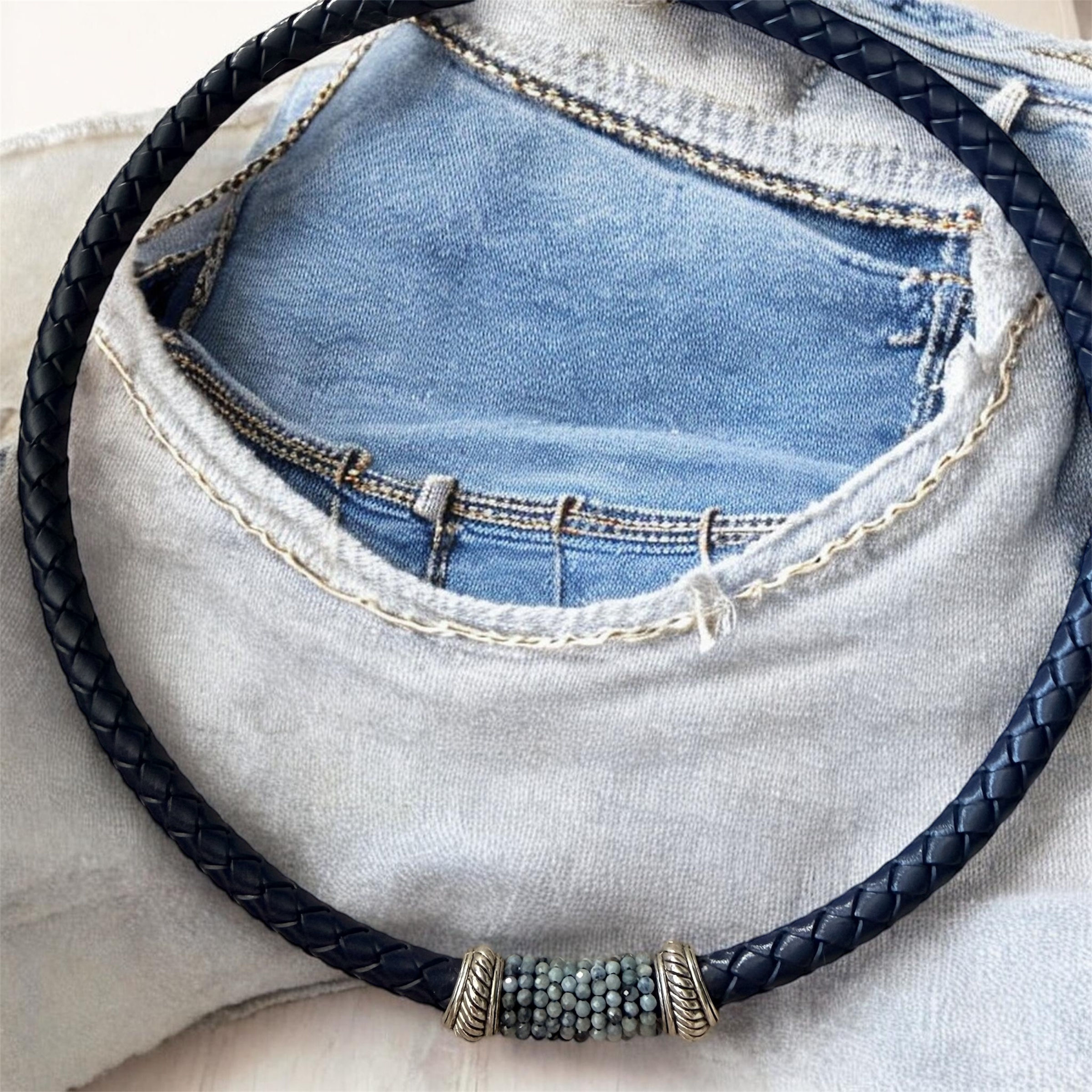 Navy Blue Woven Leather Necklace with Natural Sapphires and Sterling Accents