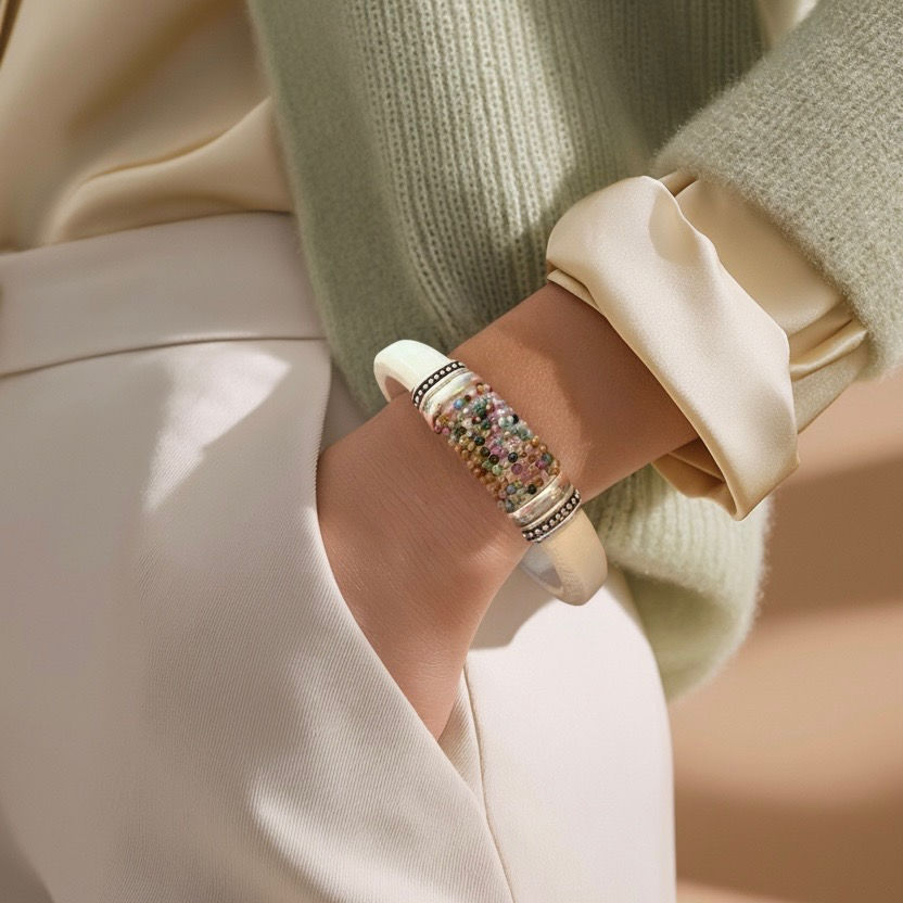 Handcrafted white leather with mixed Tourmaline gemstones bracelet