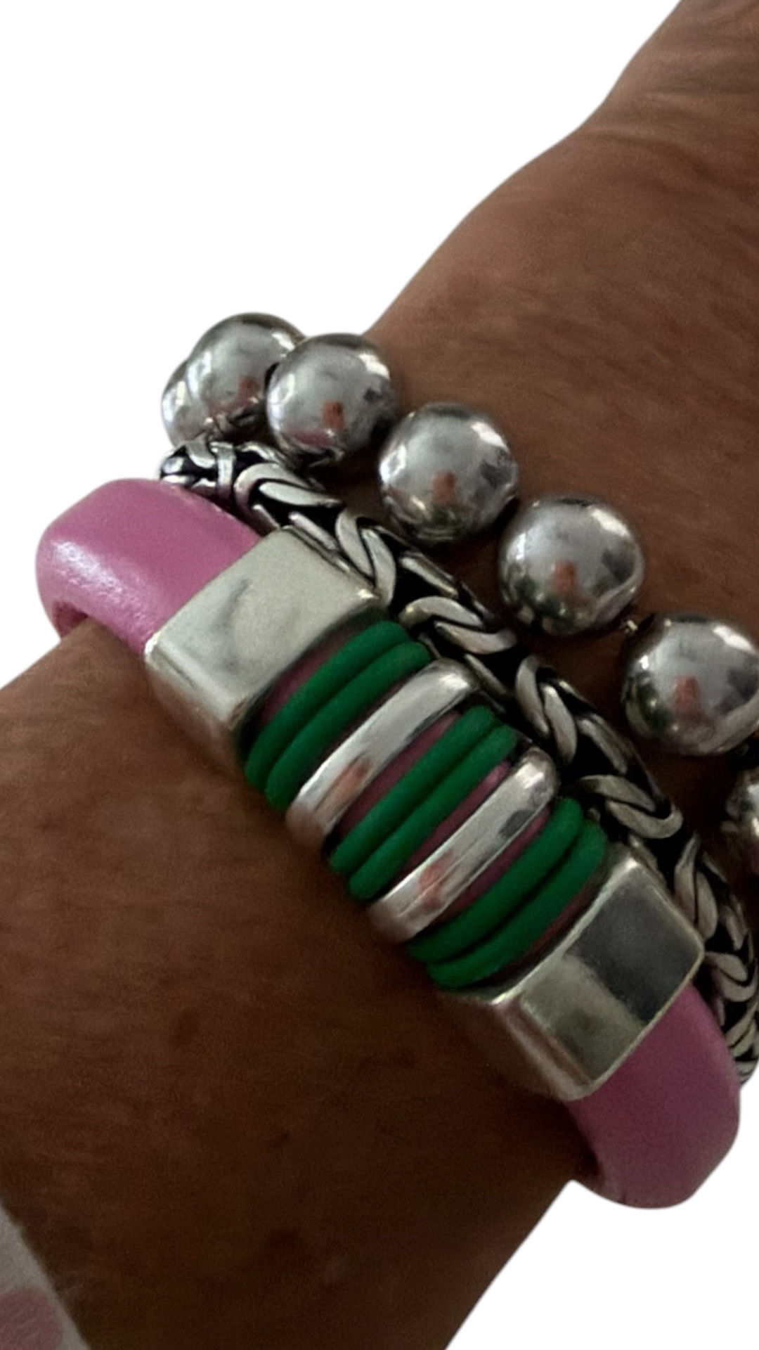 Pink Leather Bracelet with Silver and Green Bands.