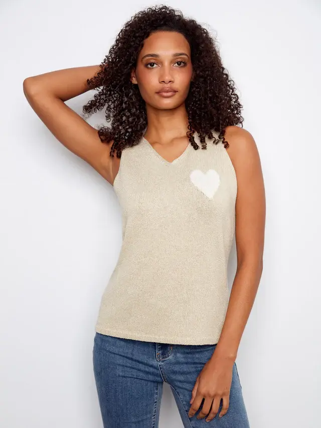 Thumbnail: V-Neck Knit Cami With Heart - Gold