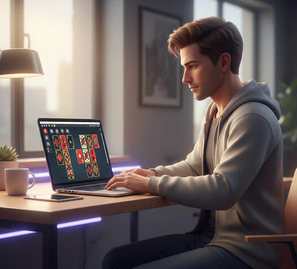 A man playing FreeCell on a laptop, enjoying a strategic single-player card game with all cards visible on screen.