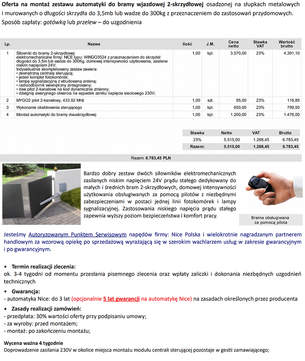 Oferta poglądowa na montaż automatyki do bramy 2-skrzydłowej