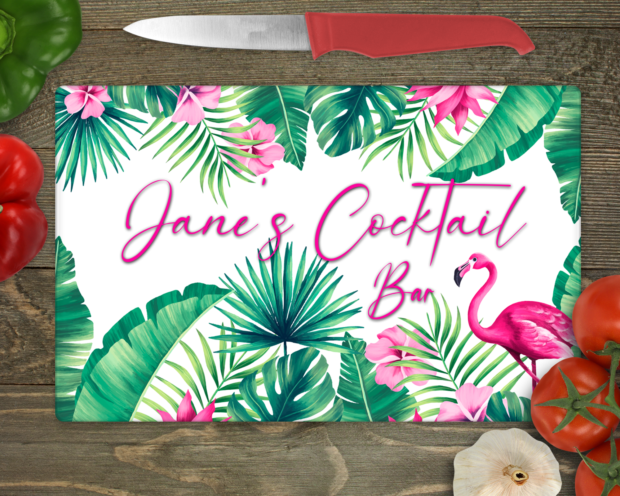 Personalised Tropical Flamingo Glass Chopping Board