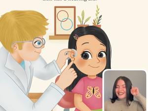 An illustration of a little girl at the doctor's office getting a hearing aid put in her ear.