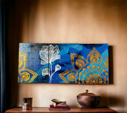 The Shifting Flower Handmade Mandala Triptych India — Gold Dot Art