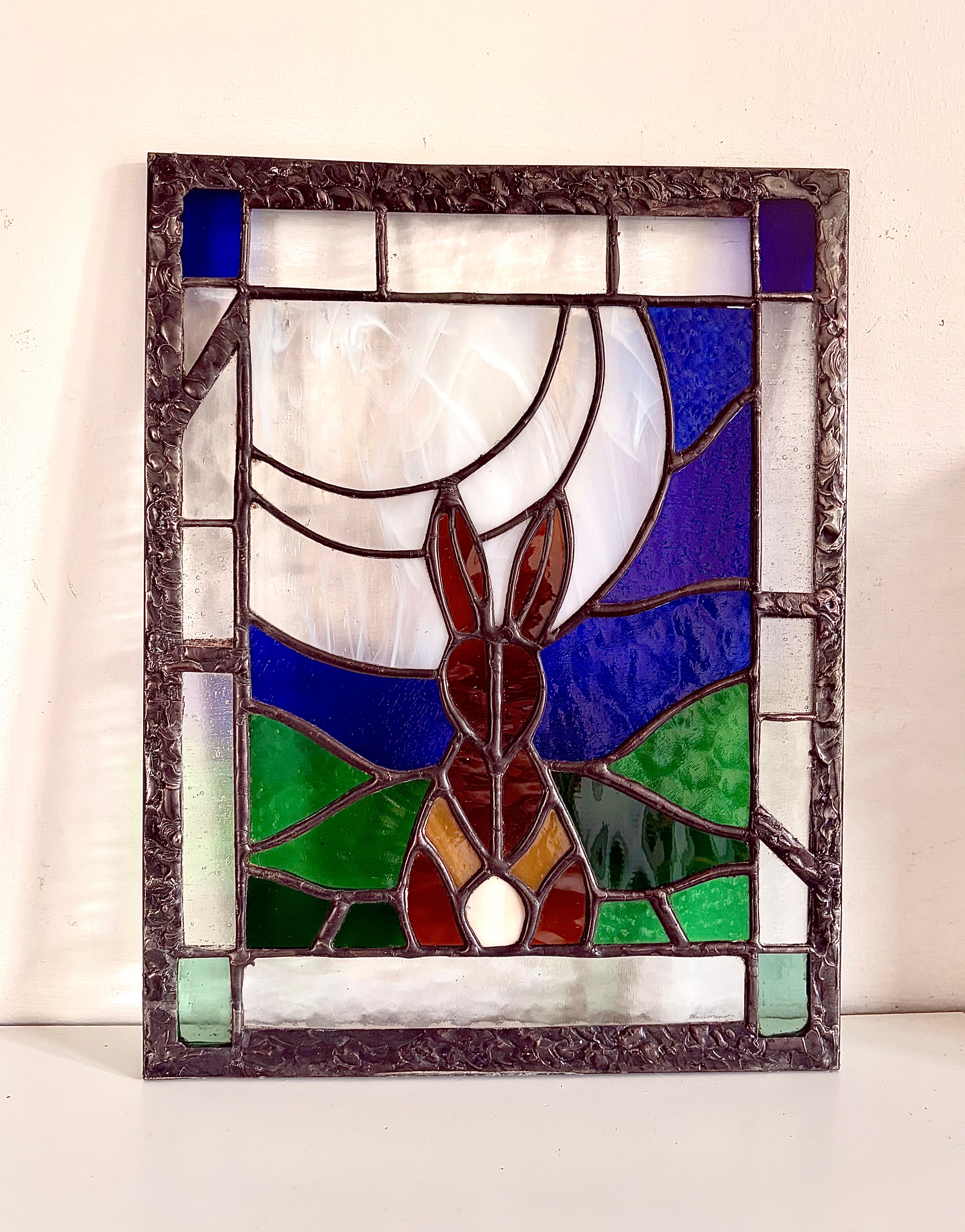Moon Gazer Stained Glass Panel - Set in a heavy steel frame