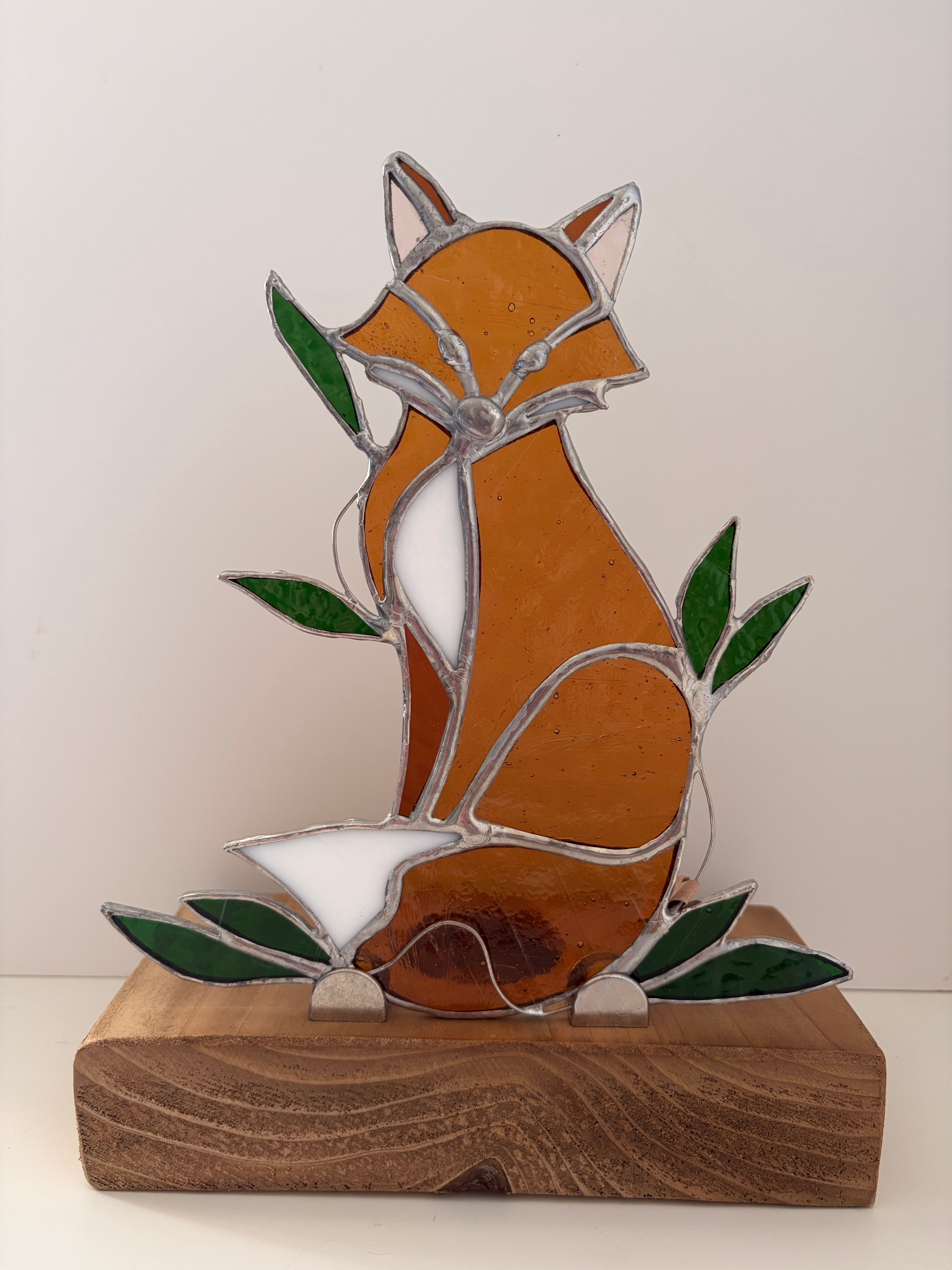 Forest Fox on Solid Wood Stand with tea light holder