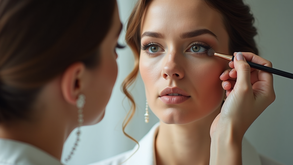 Eye-level view of bridal makeup artist applying eyeshadow on bride