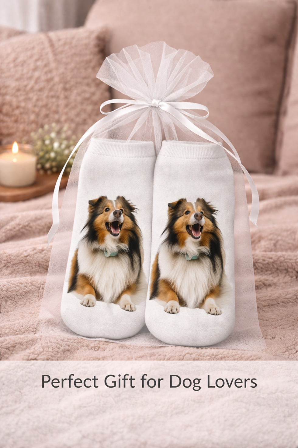 Thumbnail: Shetland Sheepdog Dog Trainer Socks and gift wrapped in an organza bag
