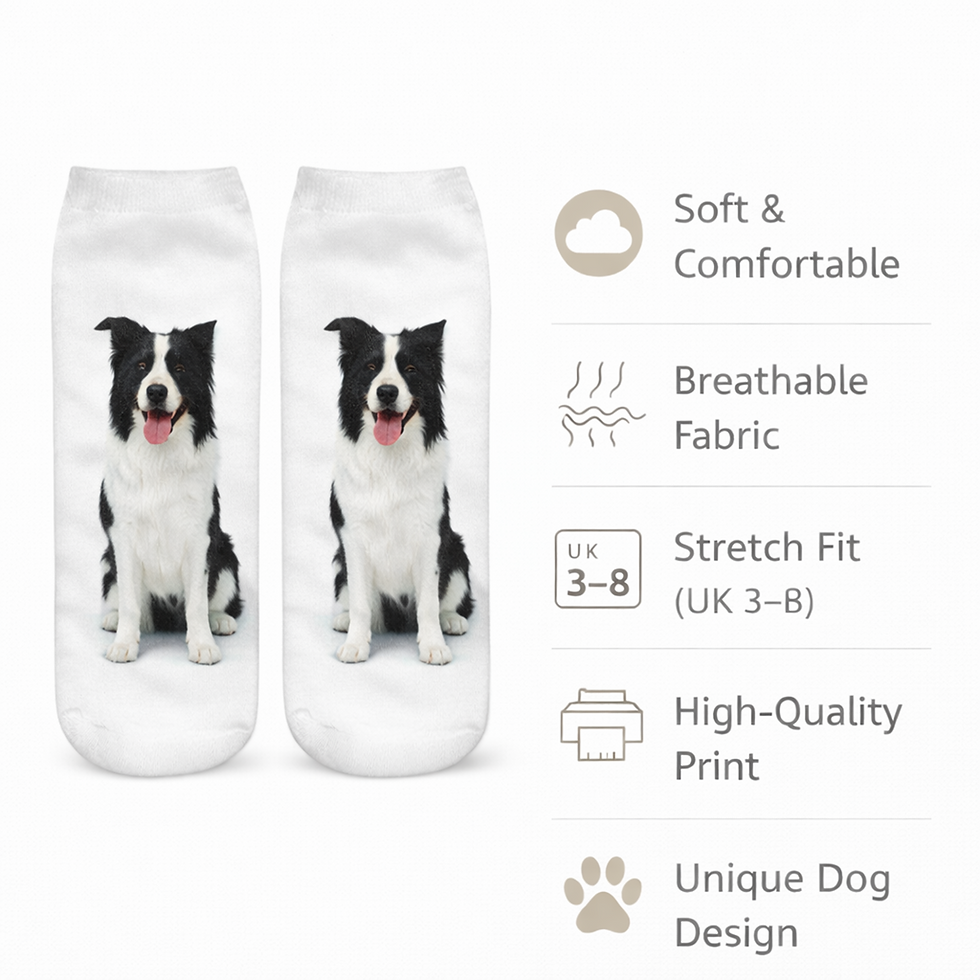 Thumbnail: Border Collie Dog Trainer Socks showing breathable fabric and stretched fit