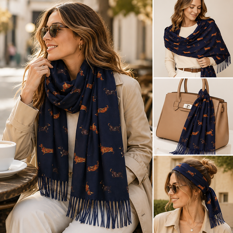 Thumbnail: Navy Dachshund Dog Print Ladies Scarf styled on a pretty brunette female