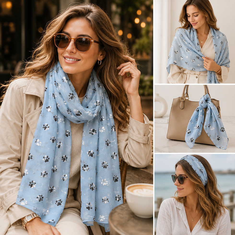 Thumbnail: Blue Paw Print Ladies Scarf styled on a pretty brunette female