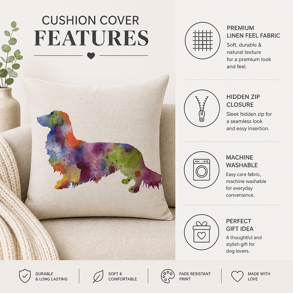 Thumbnail: Longhaired Dachshund Cushion Cover showing zip closure and stitched edges Cushion Cover showing zip closure and stitched edge