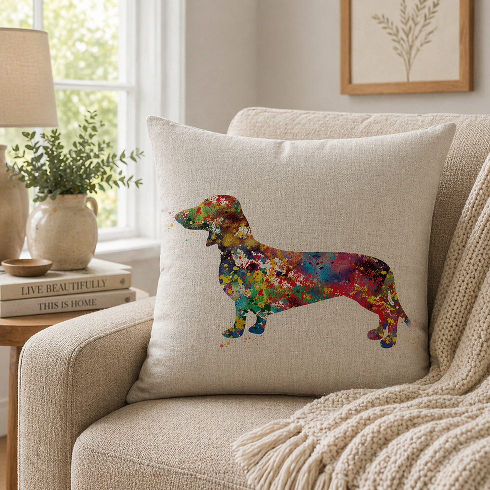 Shorthaired Dachshund Dog Cushion Cover styled on a beige sofa in a living room