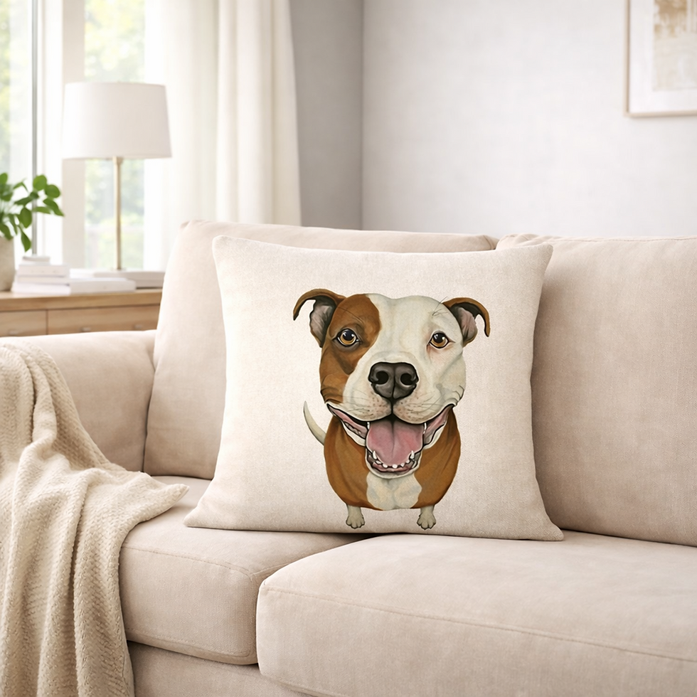Staffordshire Bull Terrier Dog Cushion Cover styled on a beige sofa in a living room